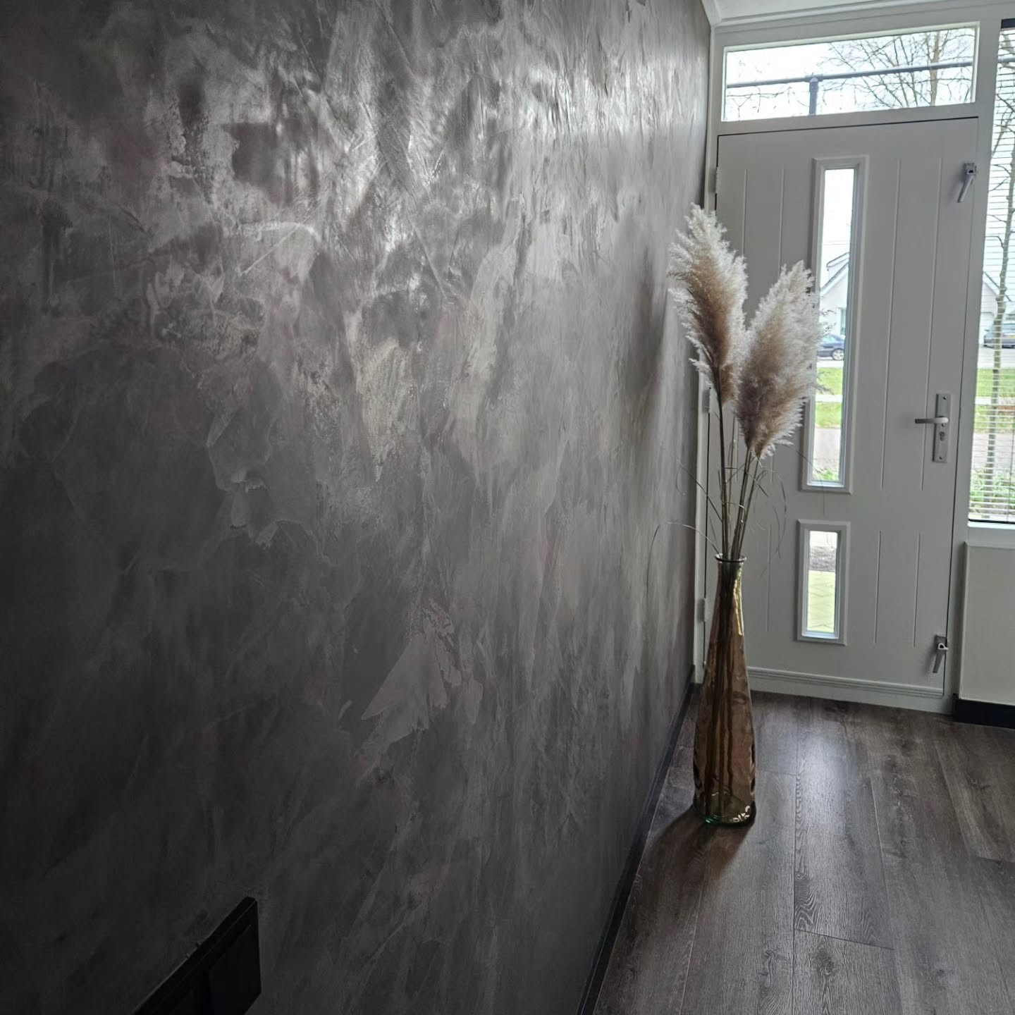 Hal met donkere metallic stucwand naast de voordeur